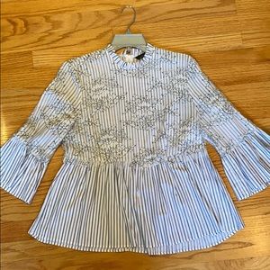 Zara woman strip embroidered floral lace blouse